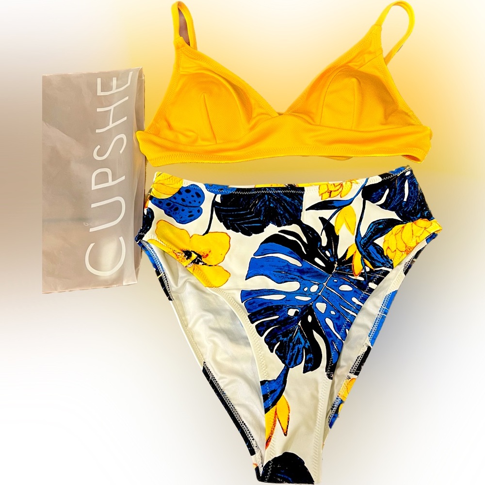 Cupshe Yellow & Blue Leaves Print High-waisted Bikini